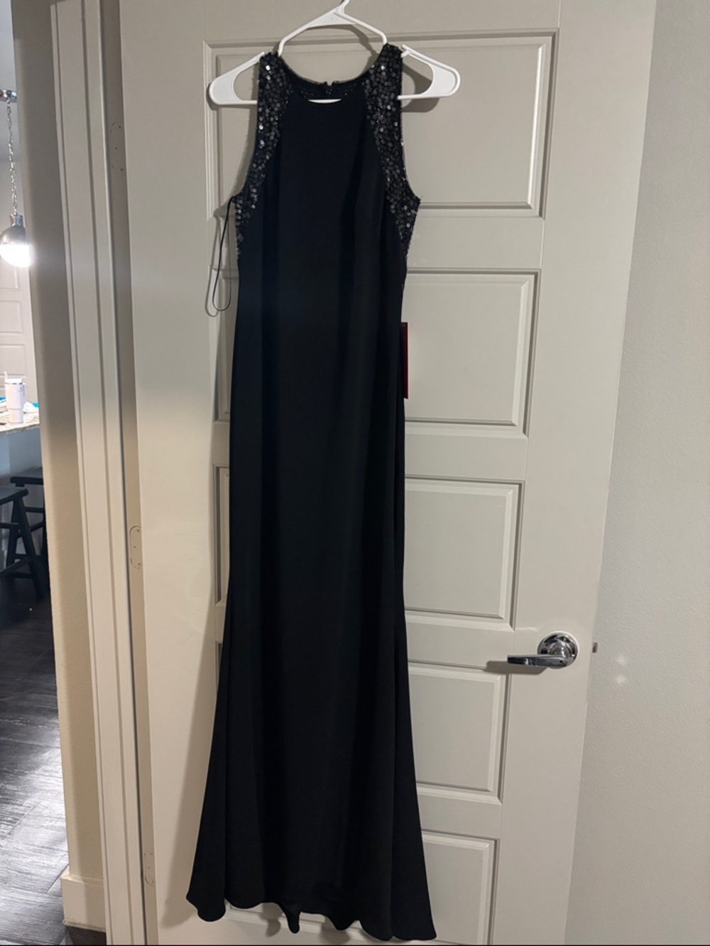 Carmen Marc Valvo Black Beaded Halter Evening Gown